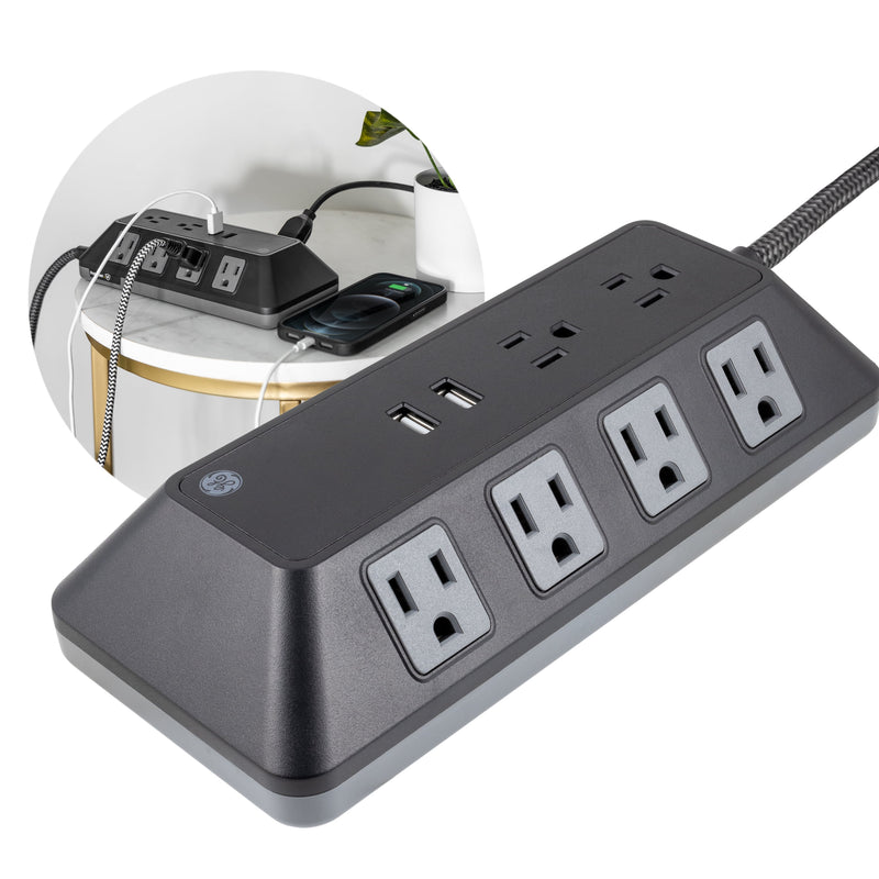 Adapt 10-Outlet Sur Protector Power Strip, USB Hub, 4Ft Braided Cord, Black