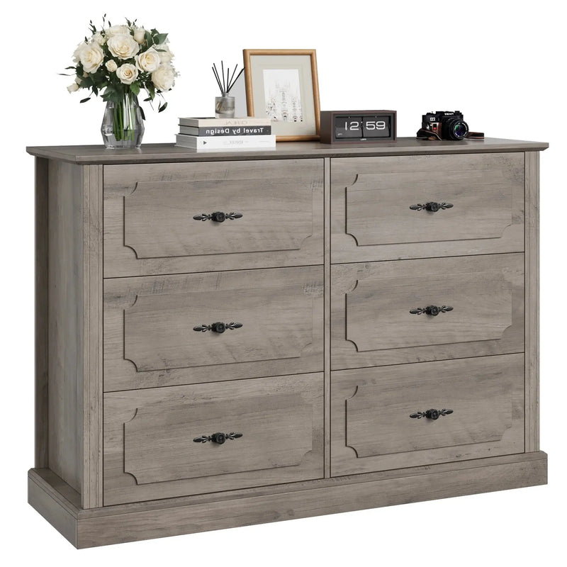 6 Drawer Bedroom Dresser, Farmhouse Wood Storage Drawer Chest Cabinet for Living Room Entryway, Gray - Puck's