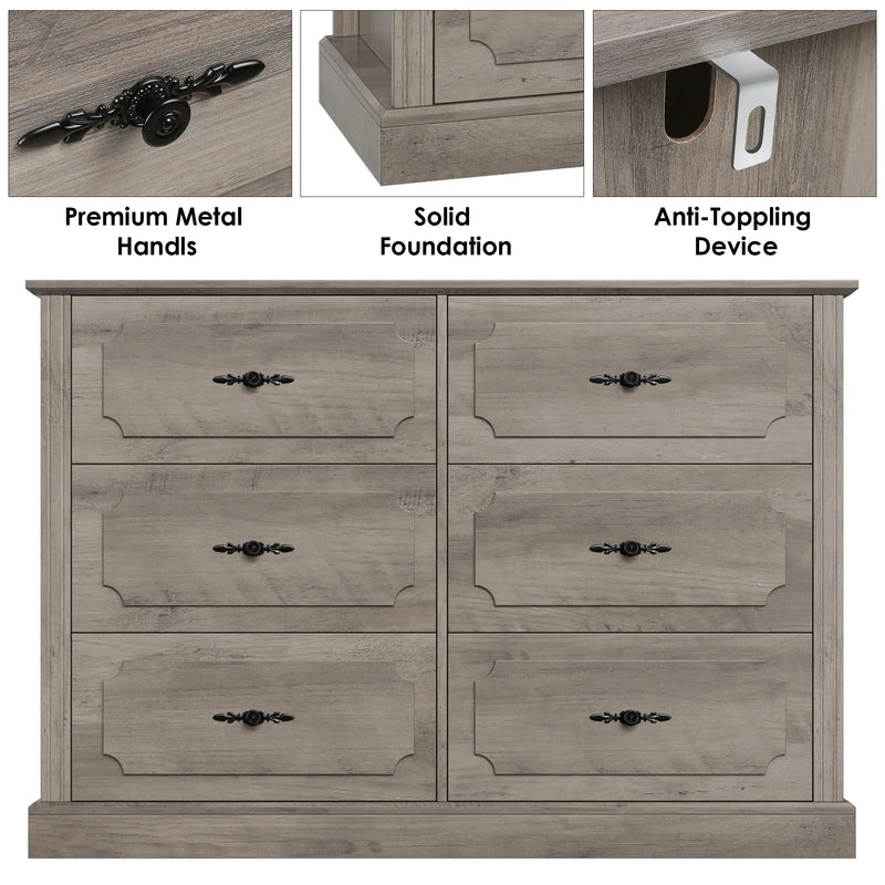 6 Drawer Bedroom Dresser, Farmhouse Wood Storage Drawer Chest Cabinet for Living Room Entryway, Gray - Puck's