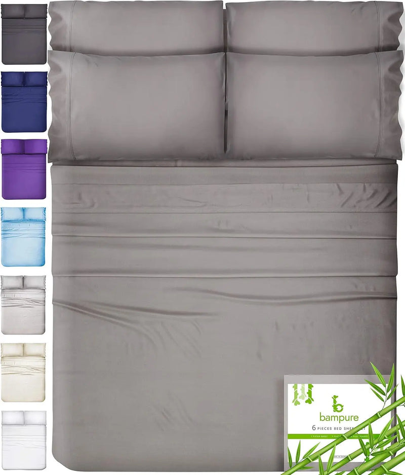 6 Pcs California King Sheet Sets - 100% Pure Viscose Derived from Bamboo Sheets California King Size - Super Soft Viscose Bamboo Cooling Sheets for Hot Sleepers - up to 16’’ Deep Pocket S.Gray - Puck's