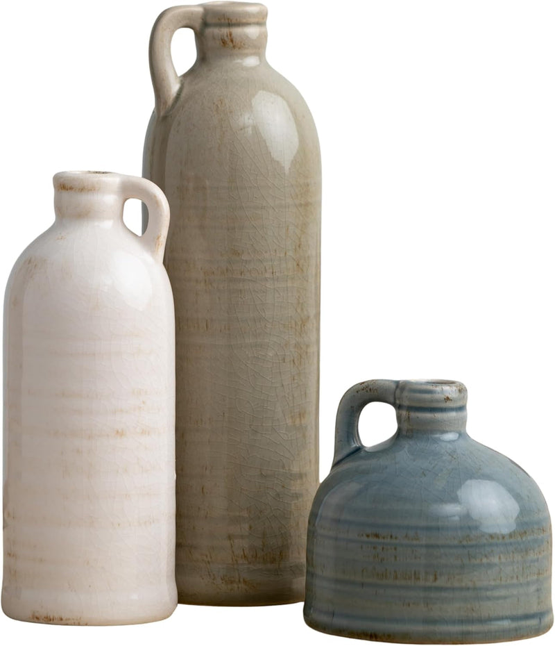 Ceramic Jug Vase Set, Farmhouse Decor, Kitchen, Bedroom, Office, Living Room, Bathroom, & Coffee Table Centerpiece Decorations, Vases for Decor, Mantle & Shelf (CM2431) - Puck's