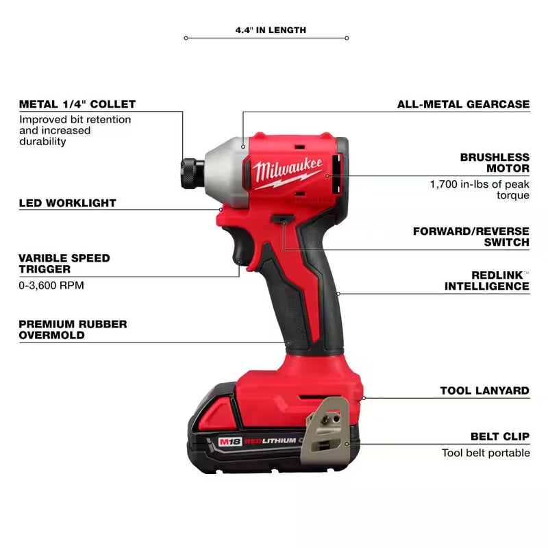 M18 18-Volt Lithium-Ion Compact Brushless Cordless 1/4 In. Impact Driver Kit with One 2.0 Ah Battery, Charger & Tool Bag - Puck's