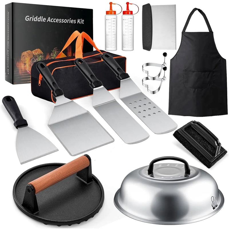Griddle Accessories Kit, Exclusive Griddle Tools Spatulas Set for Blackstone and Camp Chef-15Pcs Flat Top Grill Accessories-Stainless Steel Grill Spatula Kit for Outdoor BBQ - Puck's