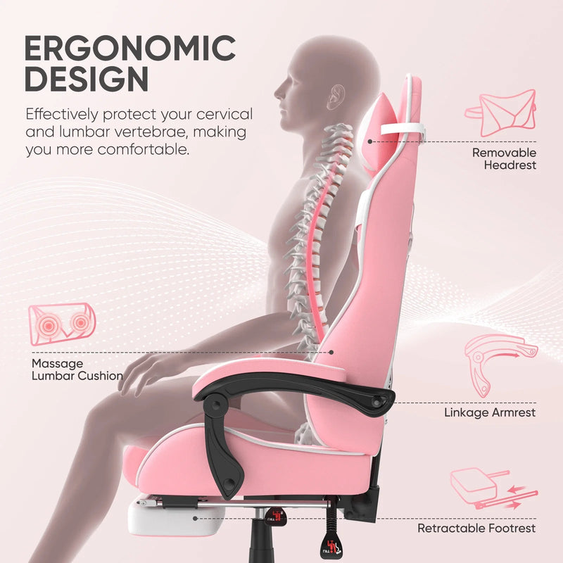 Pink Gaming Chair, Adult Game Gamer with Footrest & Massage Lumbar Pillow for Kid, Ergonomic High Back Office Chairs with Bunny Ear, Pink - Puck's