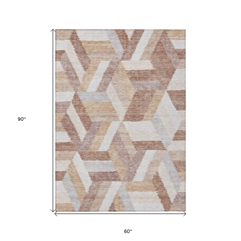 5' X 8' Copper Geometric Washable Indoor Outdoor Area Rug-2