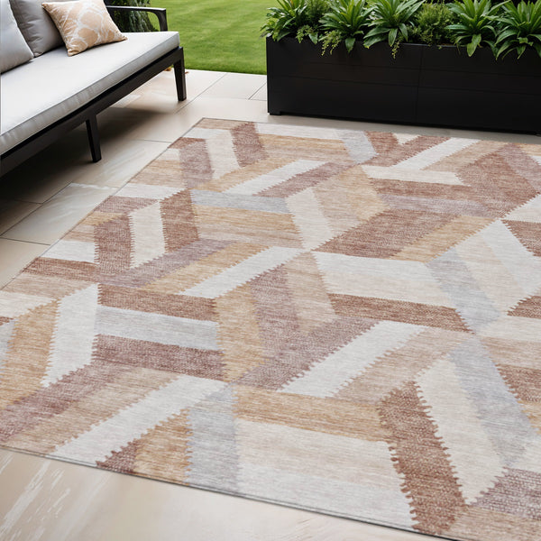 5' X 8' Copper Geometric Washable Indoor Outdoor Area Rug-0