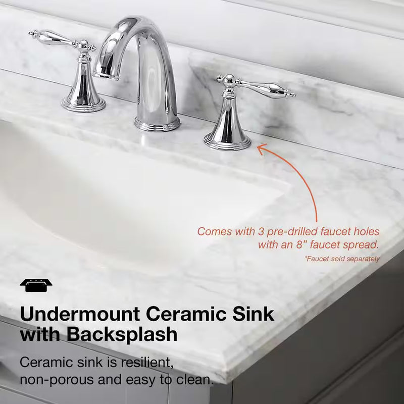 Sonoma 60 In. Dubbele Gootsteen Kiezel Grijs Bad Wastafel met Carrara Marmeren Bovenblad (Gemonteerd) - Puck's