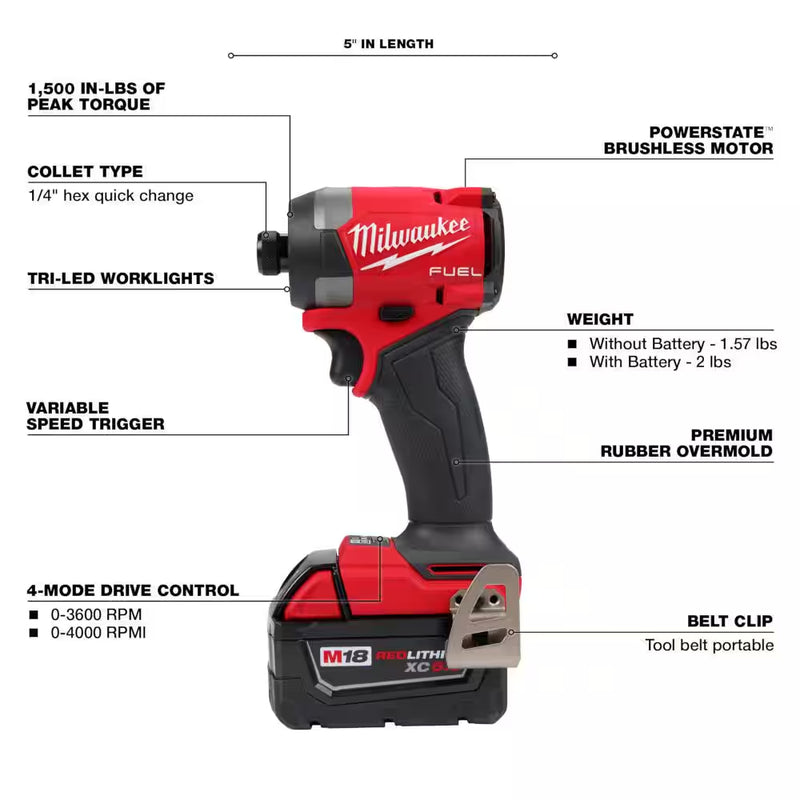 M18 Fuel 18-V Lithium-Ion Brushless Cordless 1/4 In. Hex Impact Driver Kit W/(3) 5.0 Ah Batteries, Charger & Hard Case - Puck's