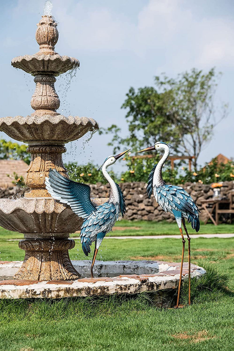 2Pcs 40.75''H, 37.20''H Blue Metal Heron Decor Garden Sculptures Statues, Large Crane Bird Yard Art for Outdoor Porch Party Decorations - Puck's