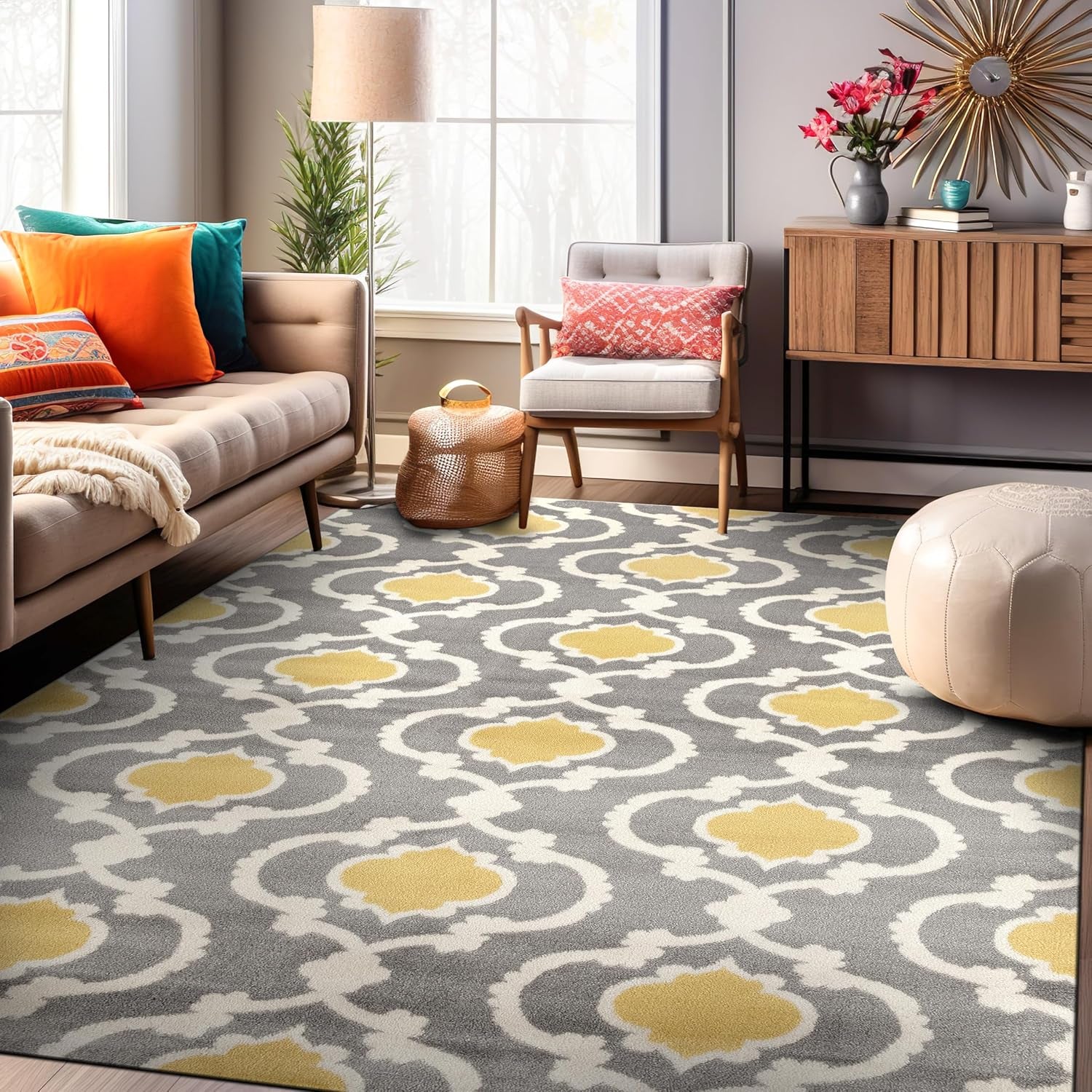 Moroccan Trellis Contemporary Perfect for High Traffic Areas of Your Living Room,Bedroom,Home Office,Kitchen Area Rug 10' X 14' Gray/Yellow - Puck's