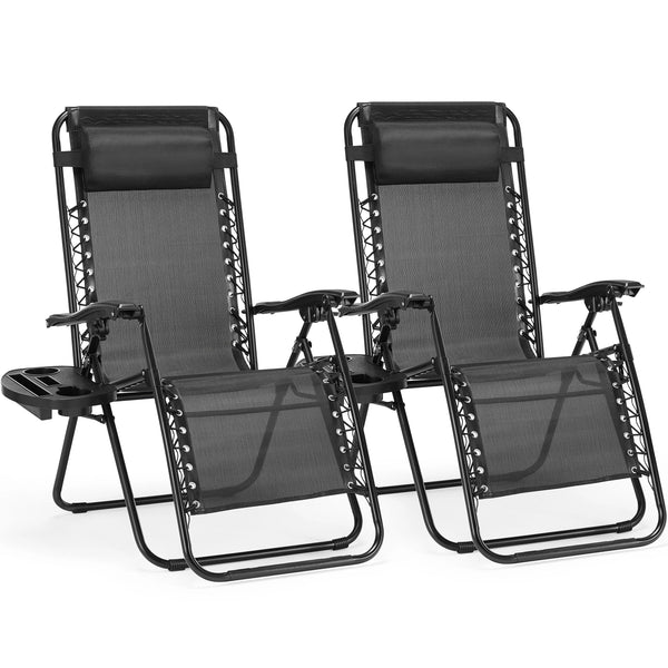 Zero Gravity Set of 2 Portable Recliner Camping Patio Outdoor Garden Lounge Chair with Cup Holder Trays Adjustable Pillow - Puck's