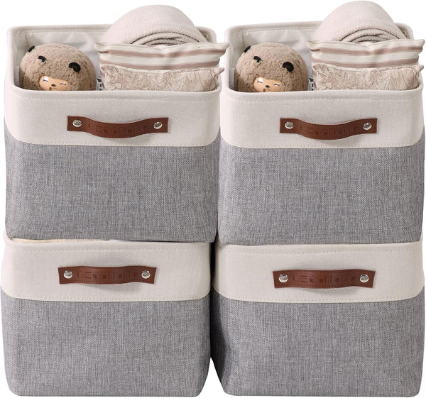 Storage Bins Fabric Storage Baskets for Shelves, Linen Closet Organization Toys Nursery (Grey and White, Large - 4 Pack) - Puck's