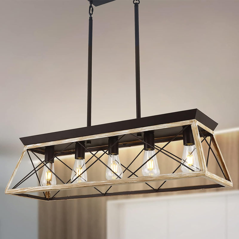 5-Light Kitchen Island Pendant Lighting, 31.5 Inch Farmhouse Chandelier,Rustic Linear Lighting Fixtures Ceiling, Dining Room Light Fixtures with White & Wood Painting - Puck's