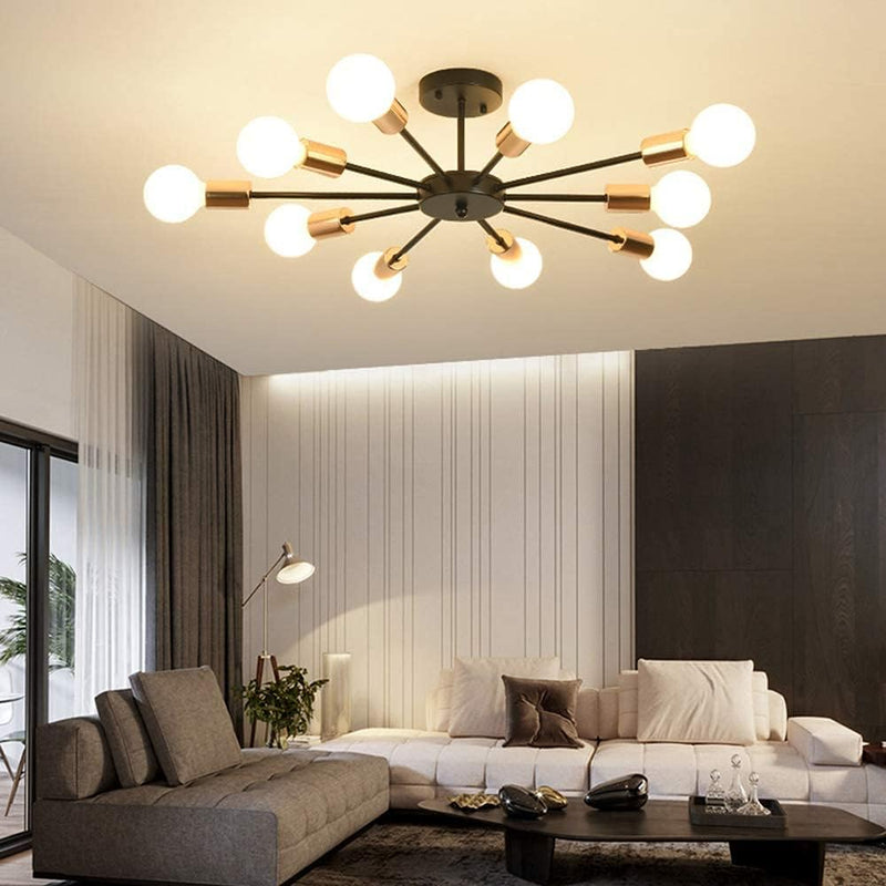 Lighting Mid Century Modern Black Gold Industrial Vintage Semi Flush Mount Close to Ceiling Light Farmhouse 10-Light Sputnik Chandelier Ceiling Lamp - Puck's