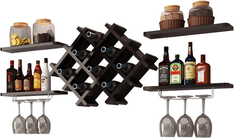 Wine Rack Wall Mounted Set of 5, Wood Wall Wine Shelf Racks with Glass Holder and Stemware Hanger, Wooden Hanging Wine Rack, Wine Storage Display Shelf for Home Bar Kitchen Dining Room, Black - Puck's