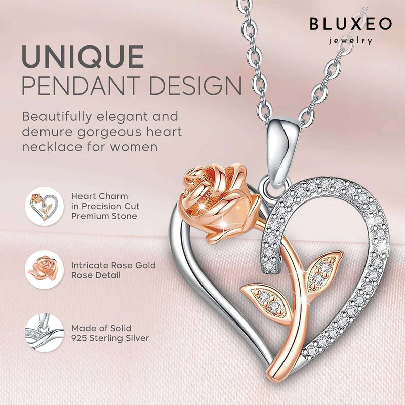 Sterling Silver Necklace for Woman Gift for Wife from Husband Valentines Day Gift for Women Rose Heart Necklace for Girlfriend Birthday Gifts Mother Daughter Pendant Rhodium 18K Rose Gold - Puck's