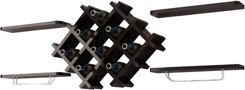 Wine Rack Wall Mounted Set of 5, Wood Wall Wine Shelf Racks with Glass Holder and Stemware Hanger, Wooden Hanging Wine Rack, Wine Storage Display Shelf for Home Bar Kitchen Dining Room, Black - Puck's