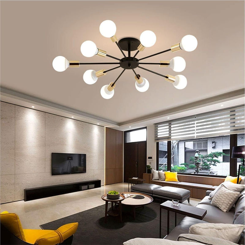 Lighting Mid Century Modern Black Gold Industrial Vintage Semi Flush Mount Close to Ceiling Light Farmhouse 10-Light Sputnik Chandelier Ceiling Lamp - Puck's