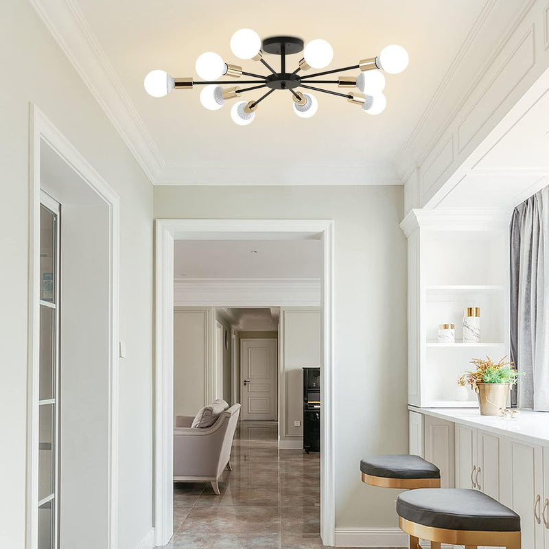 Lighting Mid Century Modern Black Gold Industrial Vintage Semi Flush Mount Close to Ceiling Light Farmhouse 10-Light Sputnik Chandelier Ceiling Lamp - Puck's