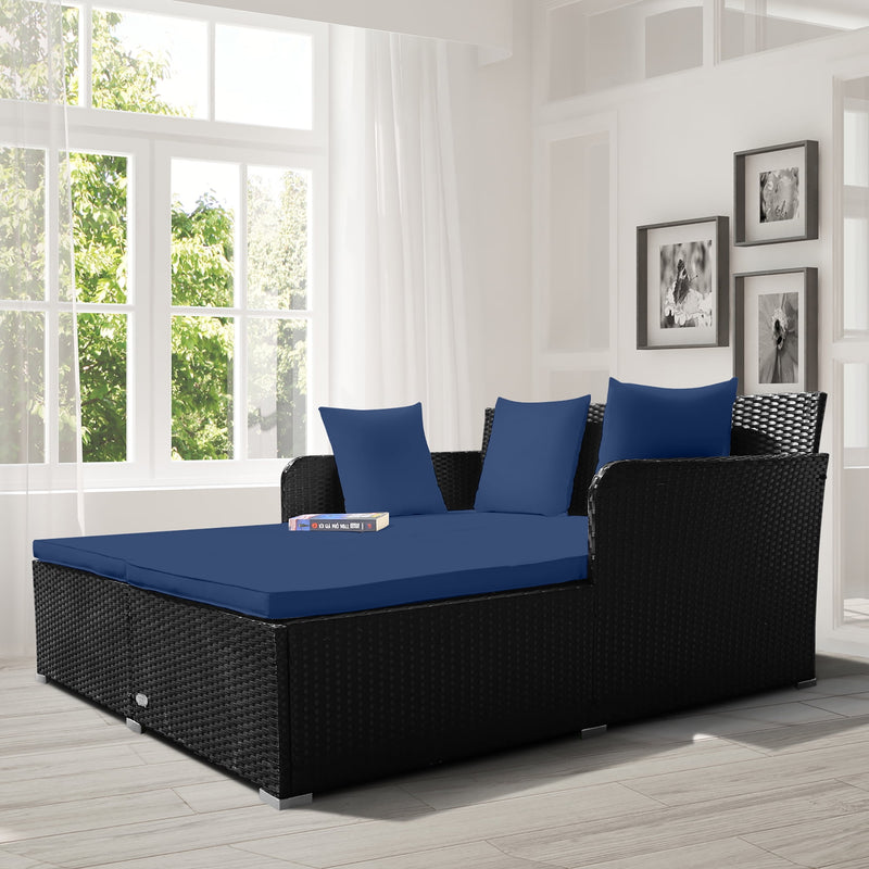 Outdoor Patio Rattan Daybed Pillows Cushioned Sofa Furniture Navy - Puck's