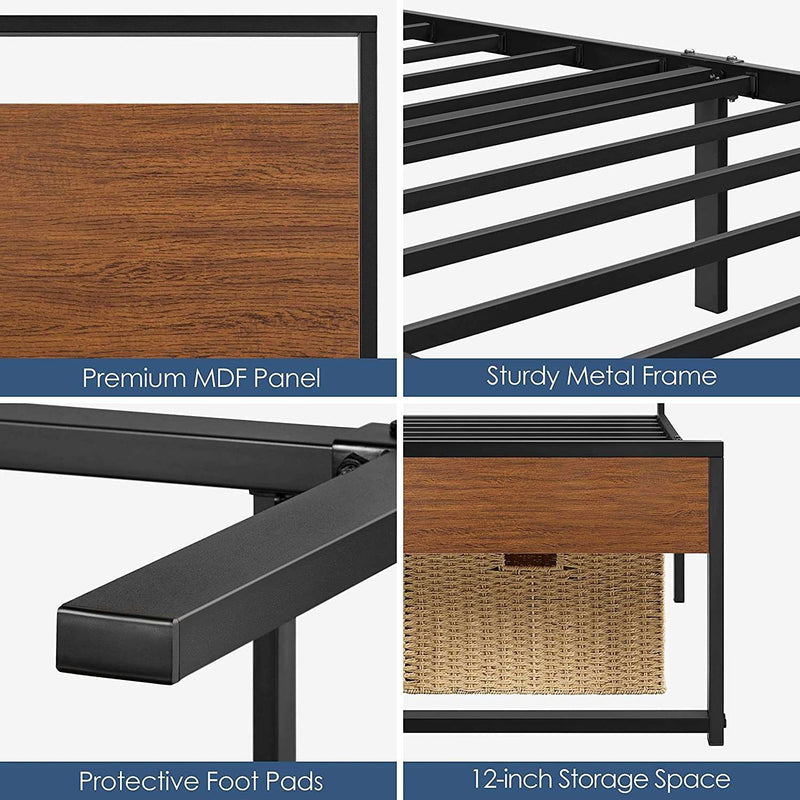Twin Size Bed Frame, Single Metal Platform Bed with Rustic Wooden Headboard and Footboard, No Box Spring Needed/12 Inch Underbed Storage Space/No Noise/Easy Assembly, Walnut - Puck's
