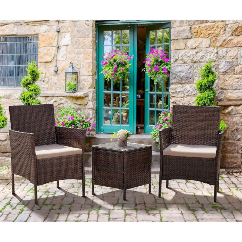 Patio Furniture Set 3 Pieces All-Weather Rattan Outdoor Furniture Patio Chairs with Tempered Glass Table for Porch Bistro - Puck's