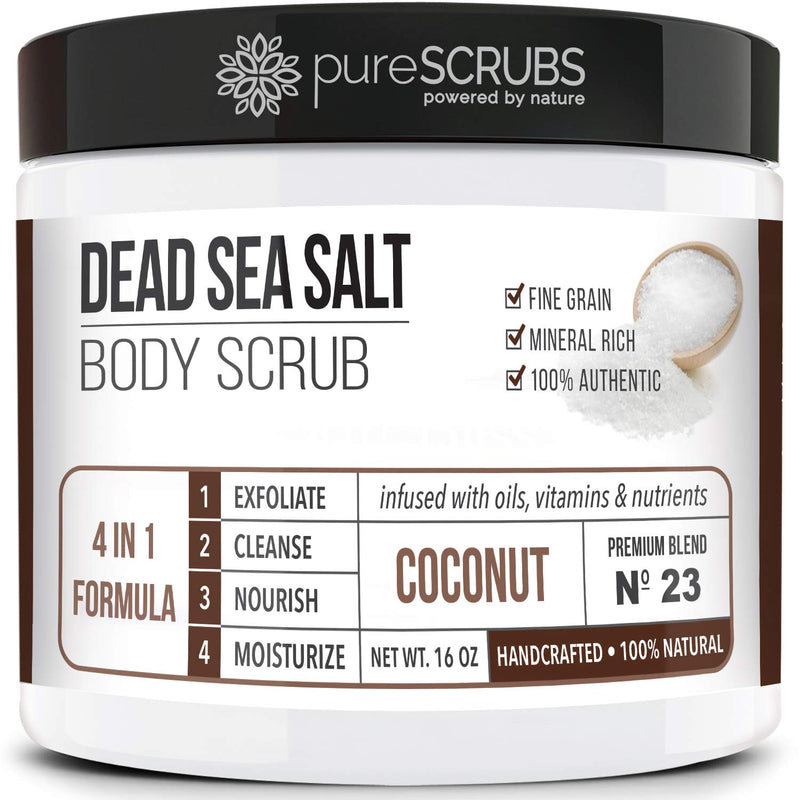 Premium Coconut Body Scrub Set - Large 16Oz Dead Sea Salt Body Scrub with Infused Essential Oils & Nutrients, Includes Wooden Spoon, Loofah & Oatmeal Exfoliating Bar Soap - Puck's