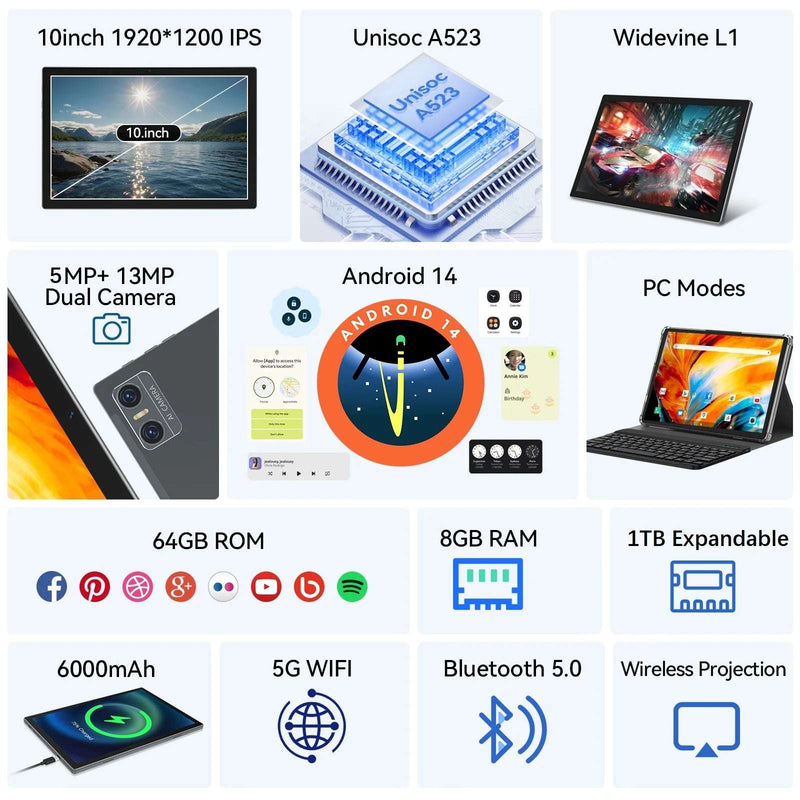 Tablet 10 Inch Android 14 Tablet,Wifi 6 Tablets PC,64GB ROM+8GB RAM( Expand to 1Tb),Octa-Core,5G Wi-Fi,Widevine L1,Bluetooth,Dual Camera,7000Mah,Split Screen,Face Unlocked,2 in 1 Tablet with Keyboard - Puck's