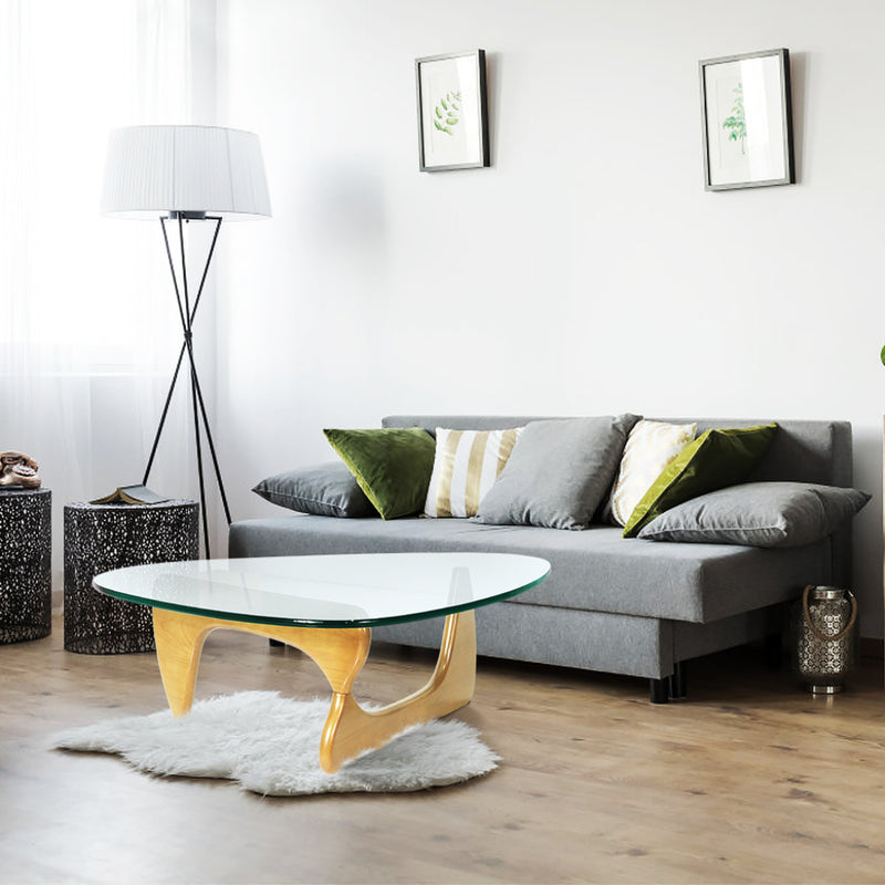 54" Clear and Natural Glass and Wood Triangle Abstract Coffee Table-4