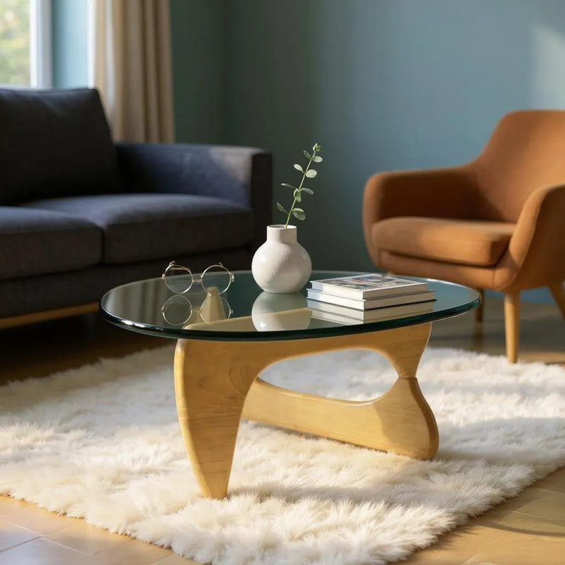 54" Clear and Natural Glass and Wood Triangle Abstract Coffee Table-0