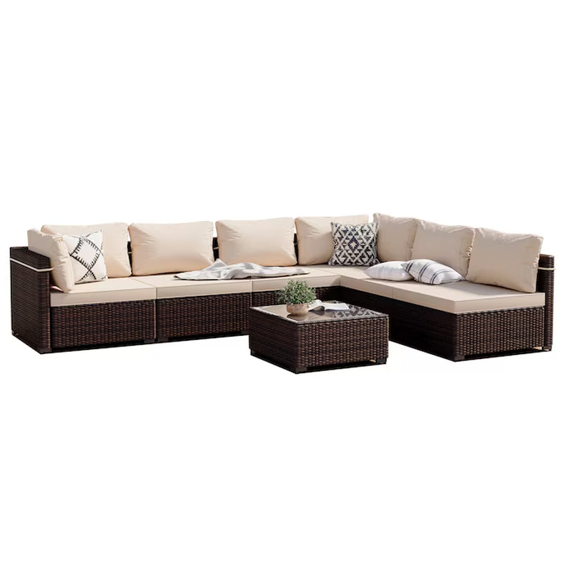 7 -Piece Rattan Patio Conversation Set with Beige Cushions - Puck's