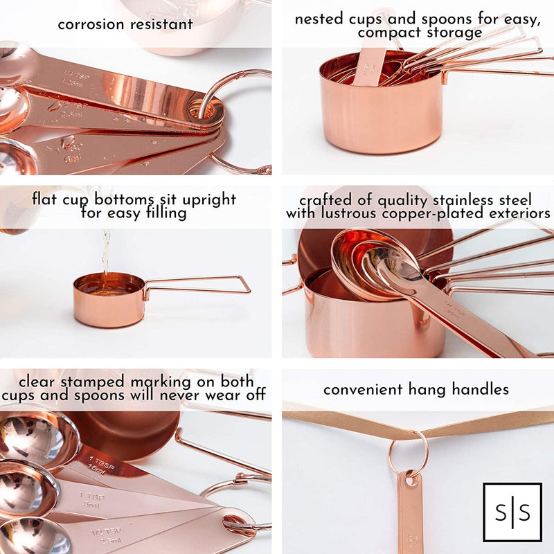 Copper Measuring Cups and Spoons Set – 8-Piece Stackable Stainless Steel Metal Measuring Utensils – Stylish and Sturdy Rose Gold Kitchen Accessories for Baking and Cooking - Puck's