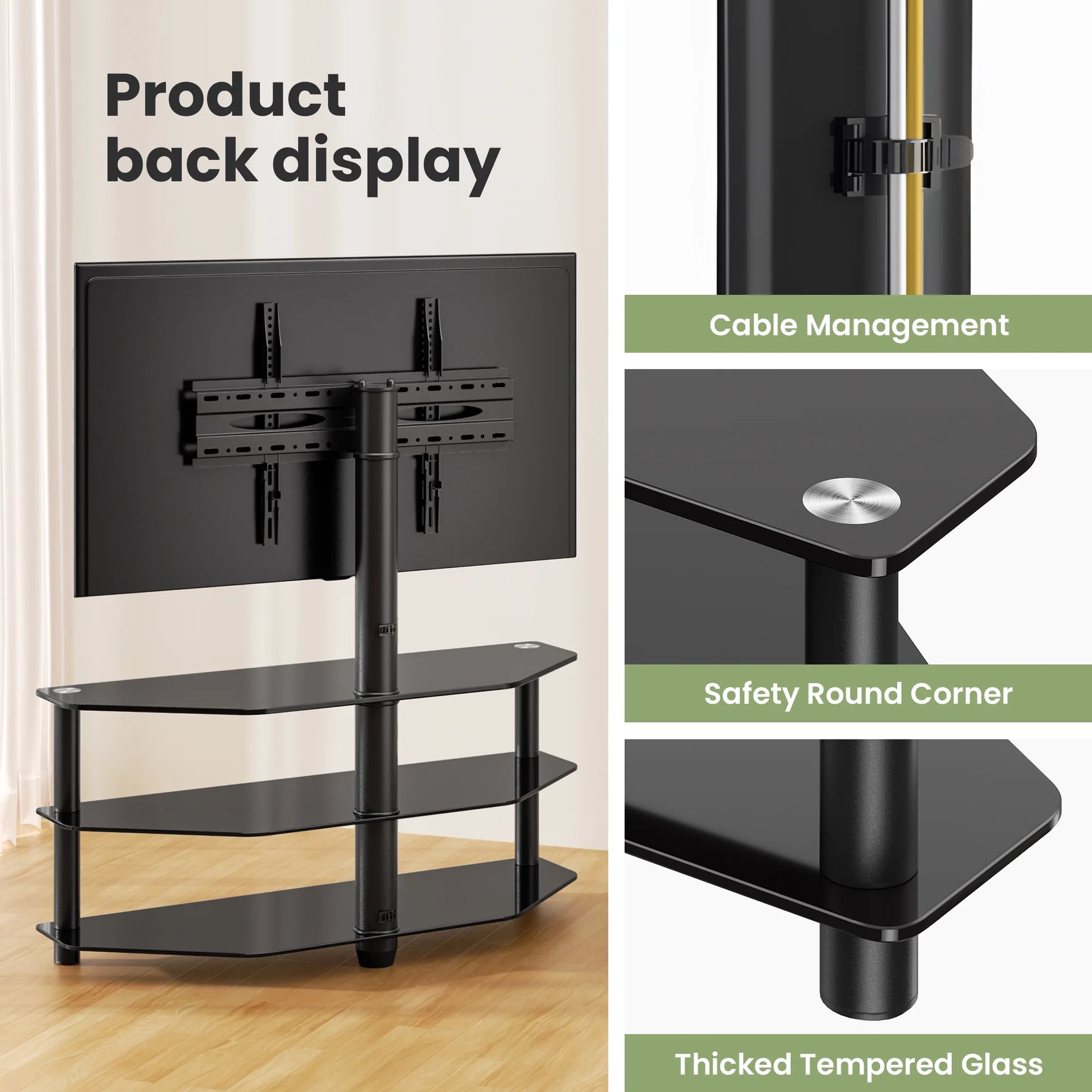 Corner TV Stand, 3-Tier Glass Floor TV Stand with Mount for 32-70" TV - Puck's