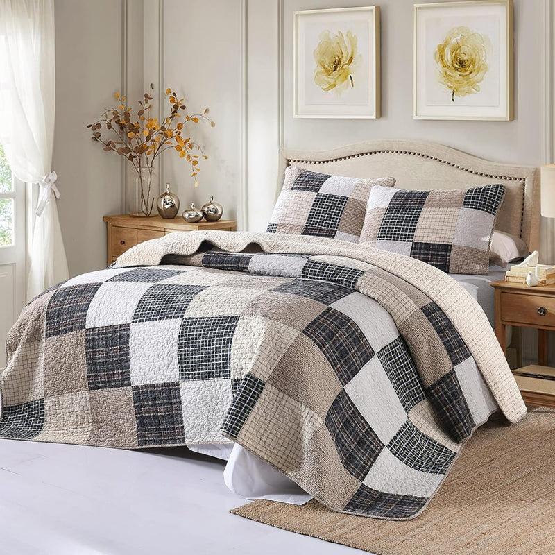 Quilt 100% Cotton King Size Quilt Set, Brown Khaki Black White Patchwork Plaid Bedspread, Lightweight Reversible Soft Summer Quilt Bedding Set, 3-Pieces - Puck's