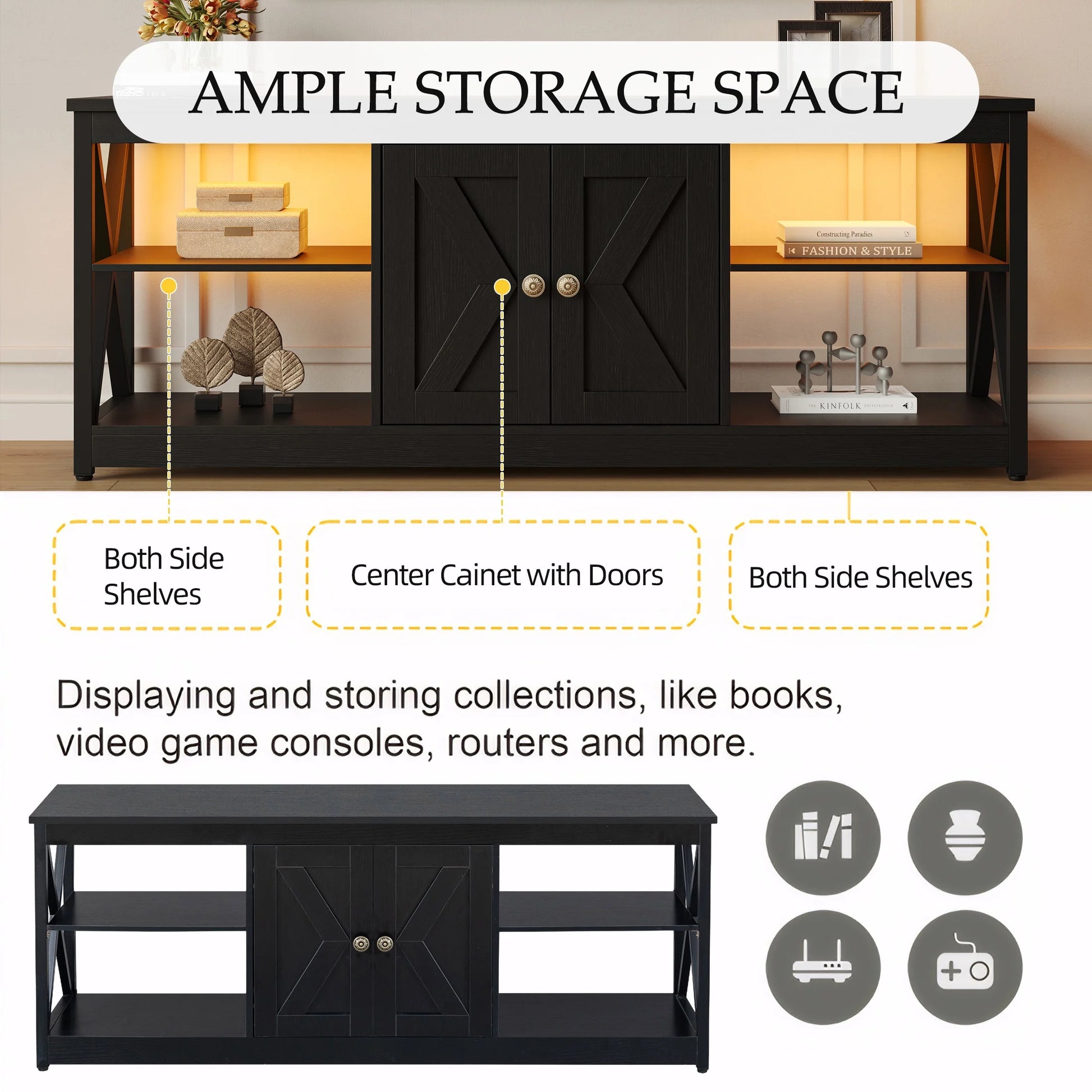 Black TV Stand for 65 Inch TV, Modern TV Cabinet with LED Light - Puck's