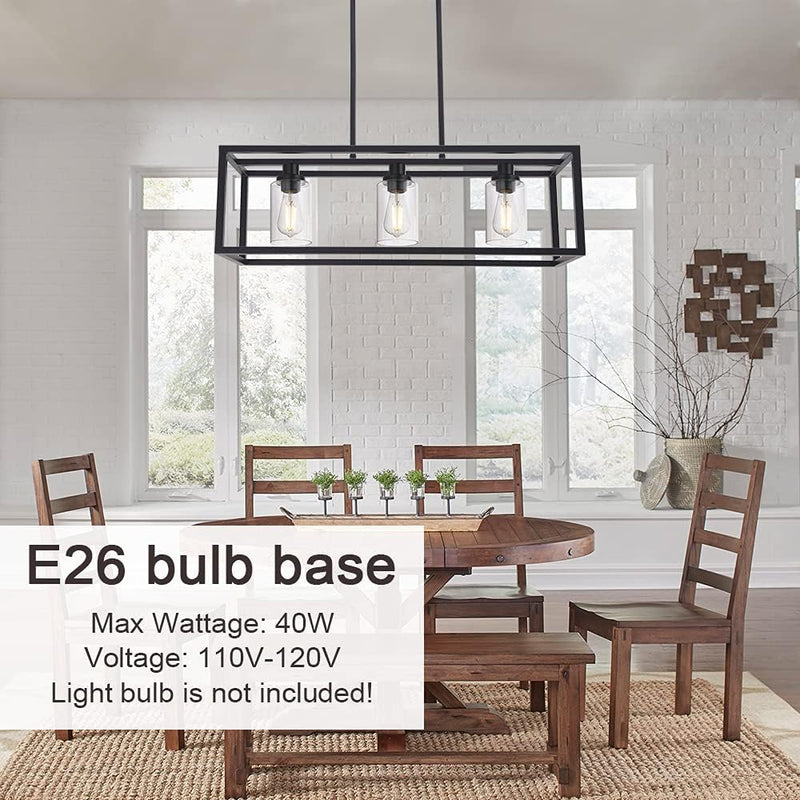 Kitchen Island Lighting 3 Lights Farmhouse Chandelier, Black Pendant Lighting with Clear Glass Shade, Dining Room Lighting Fixtures Hanging Rectangle Chandelier Lighting - Puck's