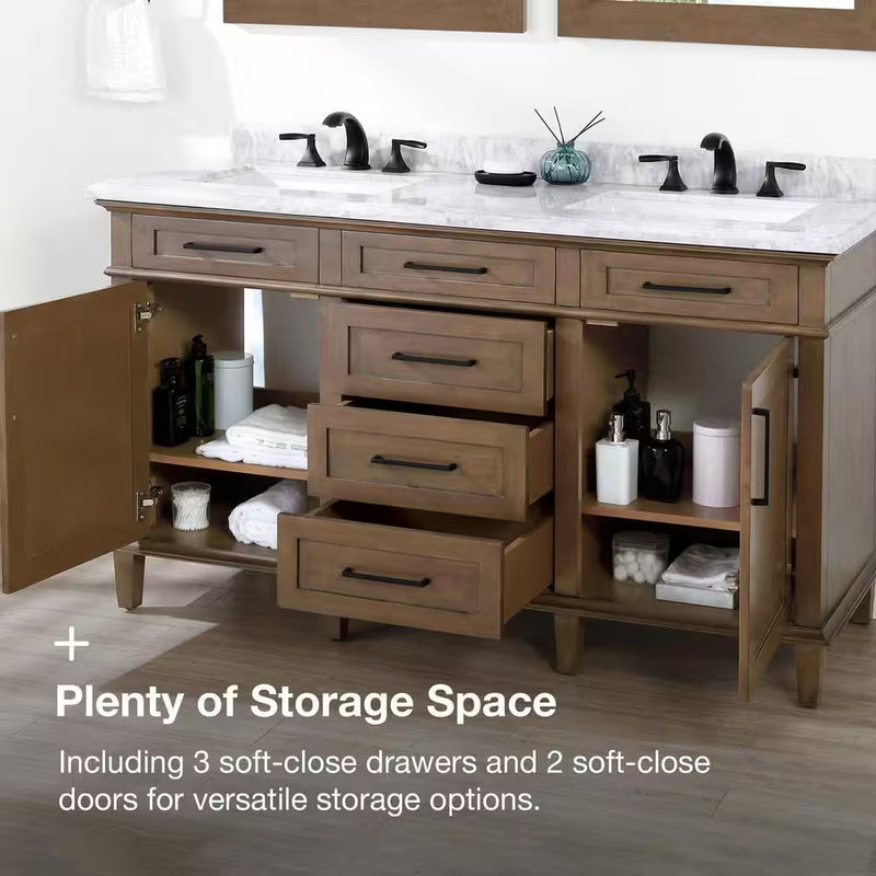 Sonoma 60 In. Dubbele Wastafel Almond Latte Badmeubel met Carrara Marmeren Bovenblad (Gemonteerd) - Puck's