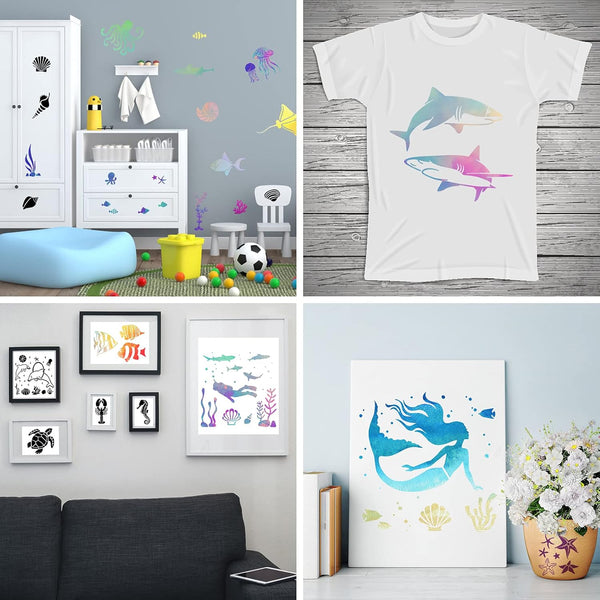 16 Pack (6X6Inch) Reusable Ocean Creatures Stencil Sea Animal Painting Stencils Laser Cut Painting Template for Floor Wall Tile Fabric Furniture Stencils Painting - Puck's