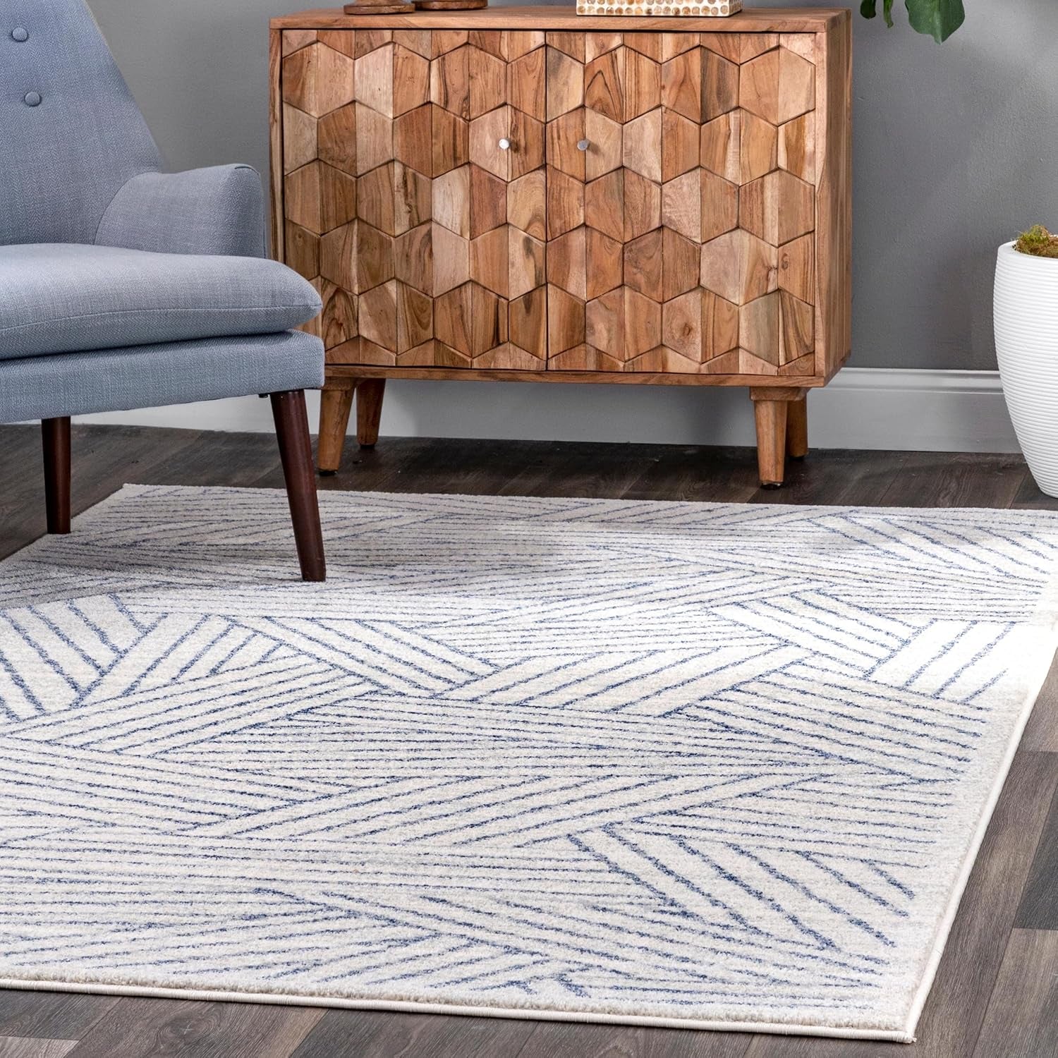 Contemporary Striped Blanca Area Rug, 5X8, Blue - Puck's