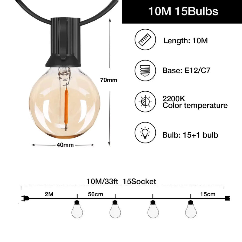 65FT Christmas Connectable LED String Light E12 Base G40 IP44 Waterproof Dimmable Garland Garden Wedding Fairy Lights Home Decor - Puck's