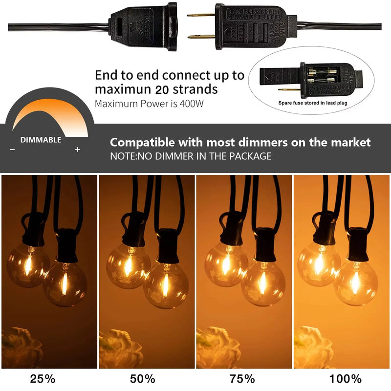 65FT Christmas Connectable LED String Light E12 Base G40 IP44 Waterproof Dimmable Garland Garden Wedding Fairy Lights Home Decor - Puck's