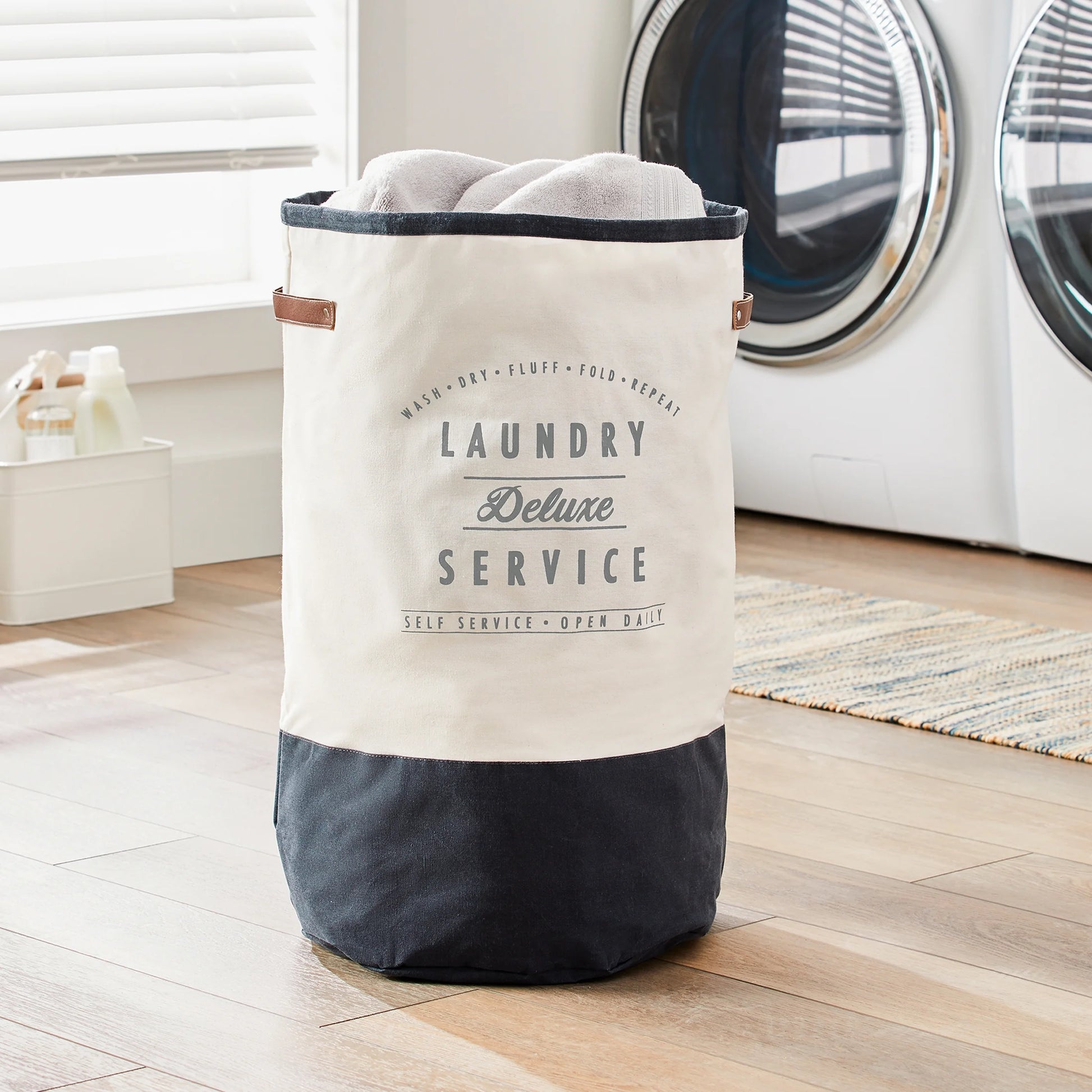 Ivory/Grey Canvas Laundry Hamper, 16" X 25"