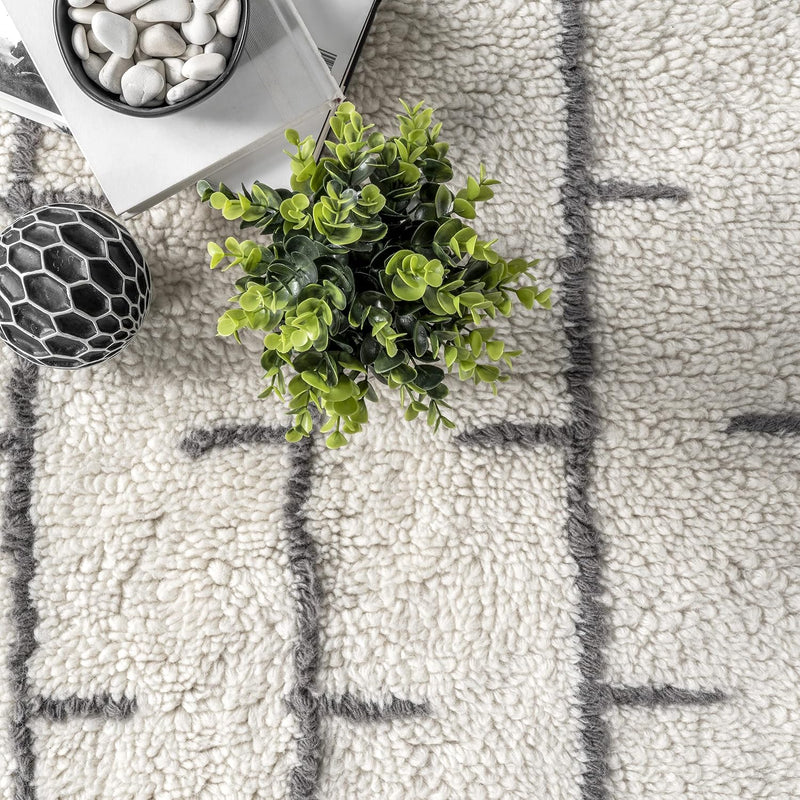 Zelda Machine Washable Wool Modern Geometric Area Rug, 6X9, Ivory - Puck's