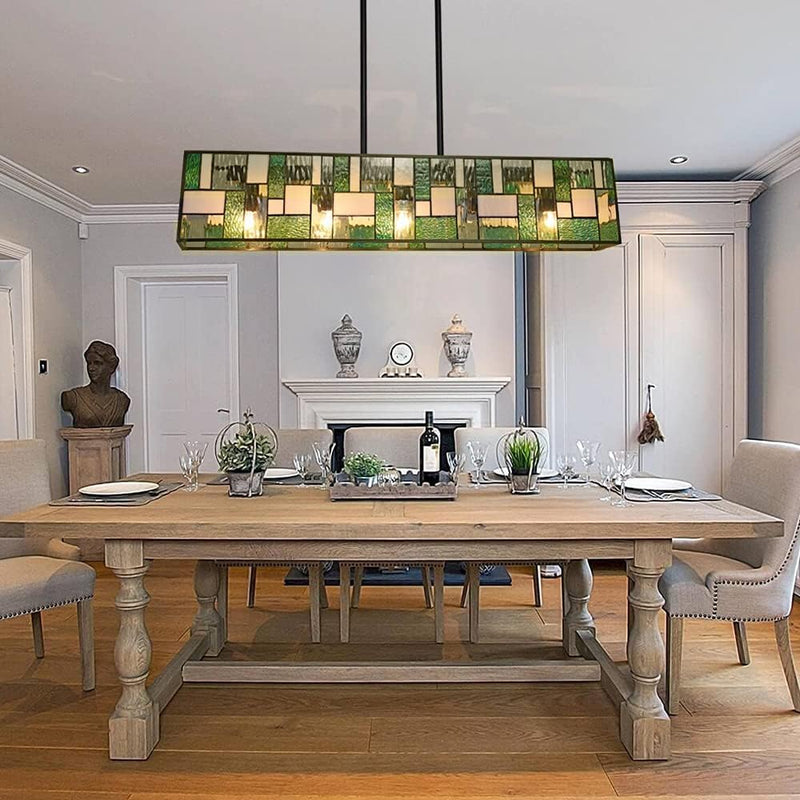 Tiffany Pendant Light Fixtures Pool Table Lights Hanging Chandelier 5 Light Rectangle Green Stained Glass Pendant Lamp for Dining Room Kitchen Island and Bars - Puck's