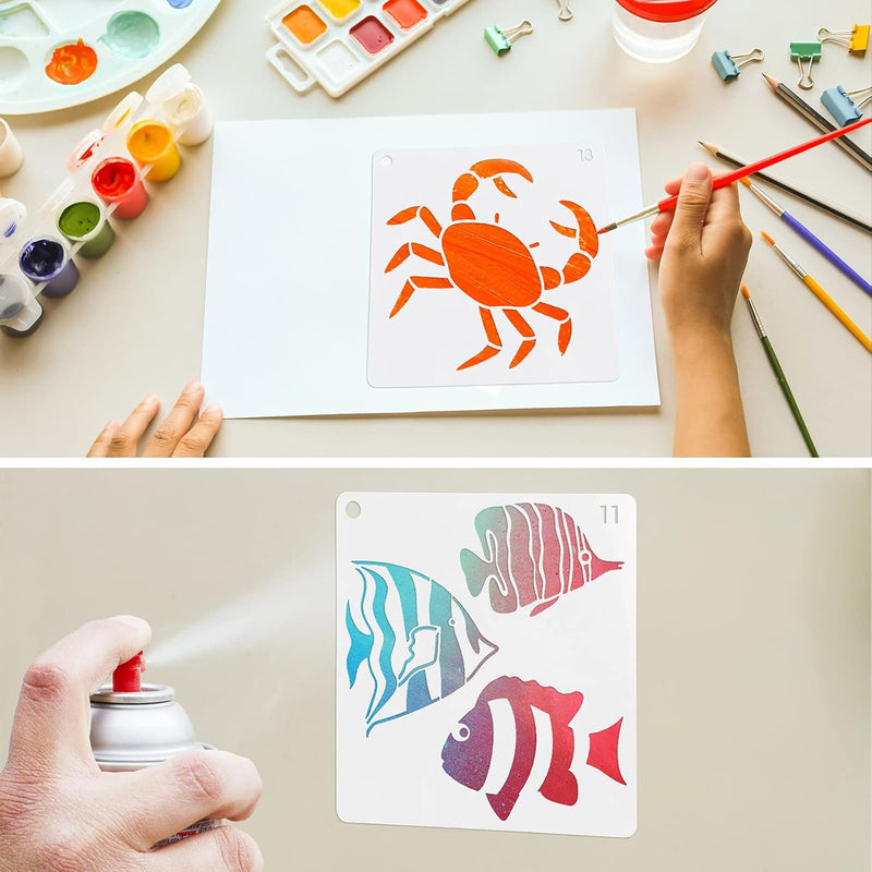 16 Pack (6X6Inch) Reusable Ocean Creatures Stencil Sea Animal Painting Stencils Laser Cut Painting Template for Floor Wall Tile Fabric Furniture Stencils Painting - Puck's