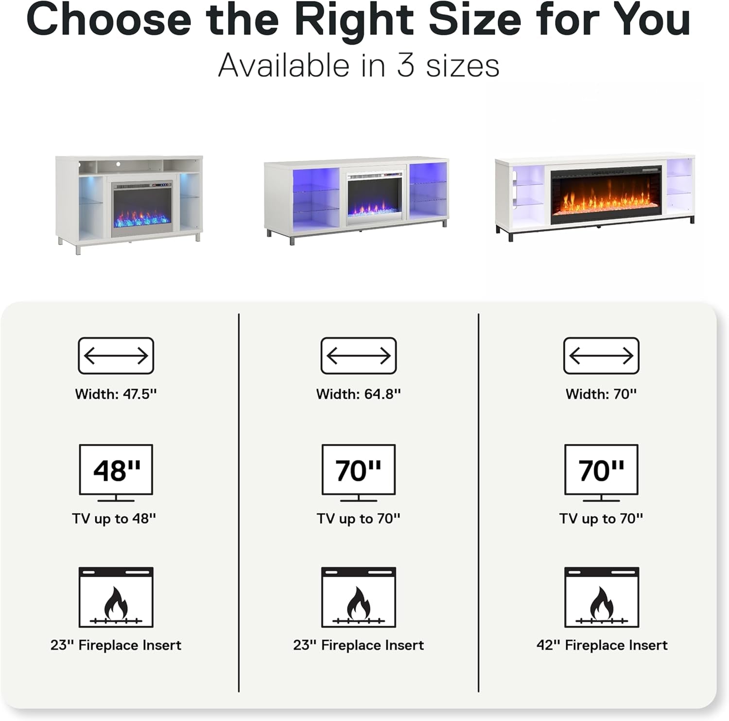 Lumina Fireplace TV Stand for Tvs up to 70 Inch, Replaceable Electric Fireplace Insert Heater, Remote Control, Timer, Color Changing LED Lights, Crystal Ember Flames, White - Puck's