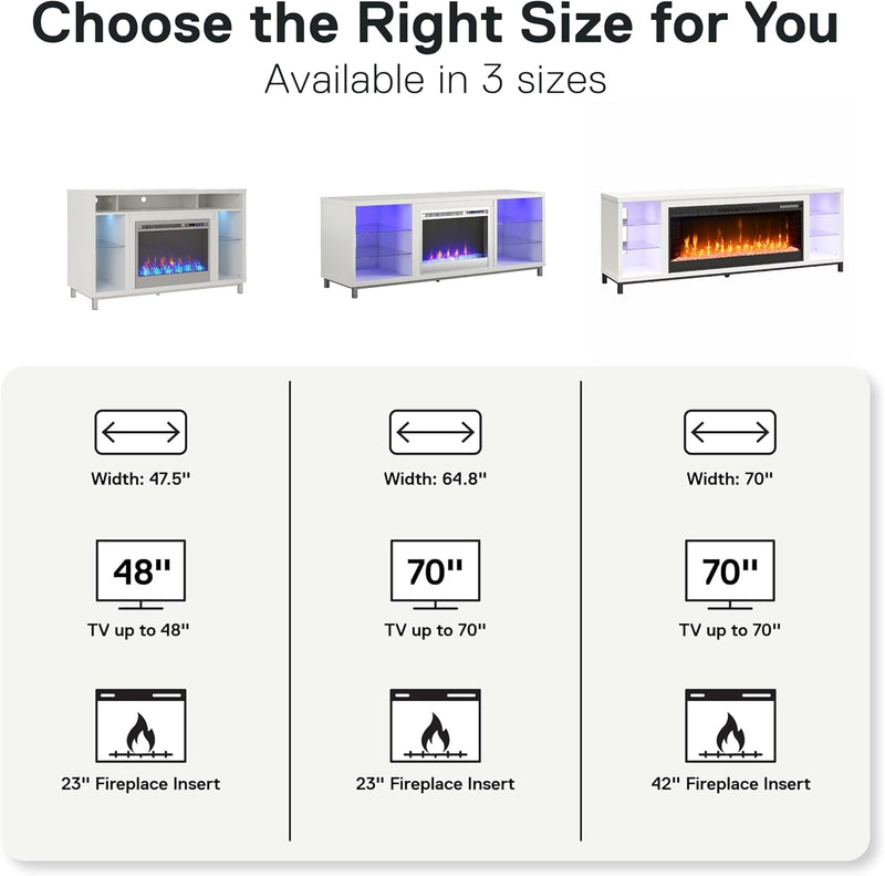 Lumina Fireplace TV Stand for Tvs up to 70 Inch, Replaceable Electric Fireplace Insert Heater, Remote Control, Timer, Color Changing LED Lights, Crystal Ember Flames, White - Puck's