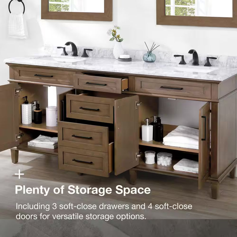 Sonoma 72 In. Double Sink Almond Latte Bath Vanity with Carrara Marble Top (Assembled) - Puck's