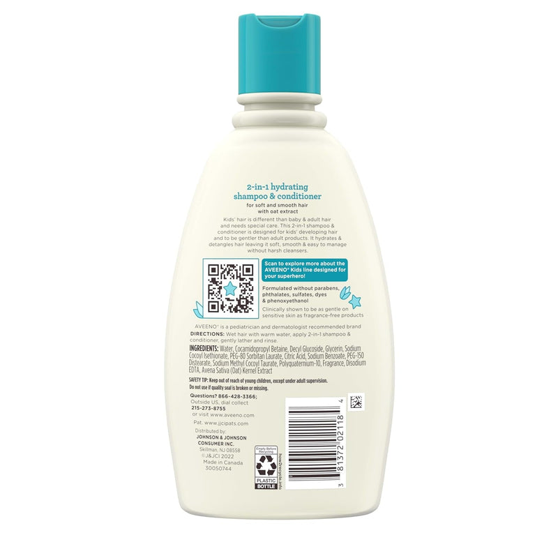 Aveeno Kids 2-In-1 Hydrating Shampoo & Conditioner, Gently Cleanses, Conditions & Detangles Kids Hair, Formulated with Oat Extract, for Sensitive Skin & Scalp, Hypoallergenic, 12 Fl. Oz - Puck's