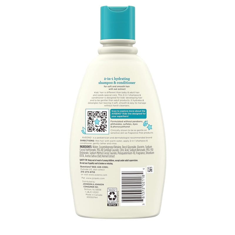 Aveeno Kids 2-In-1 Hydrating Shampoo & Conditioner, Gently Cleanses, Conditions & Detangles Kids Hair, Formulated with Oat Extract, for Sensitive Skin & Scalp, Hypoallergenic, 12 Fl. Oz - Puck's